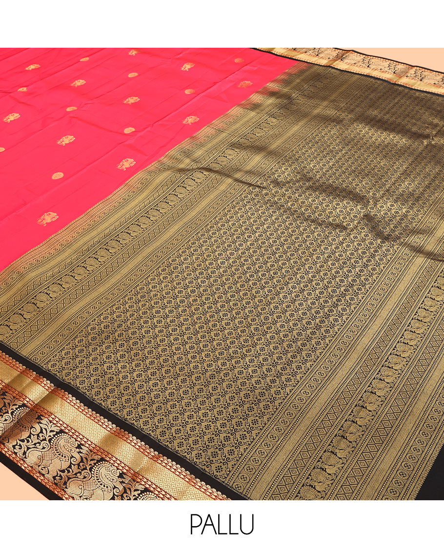Red Vasundhara Lite Silk Mix Saree, Beautified with Yaali and Chakram Buttas, a Contrast Korvai Border of Mayil Kann and Yaali Designs, Grand Pallu, and a Contrast Blouse