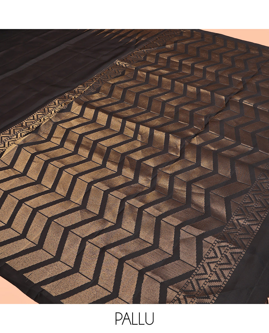 Black Plain Mayuri Soft Silk Saree, Spotlighted with Temple Zari Border, Geometric Patterned Pallu and Paired with a Matching Blouse
