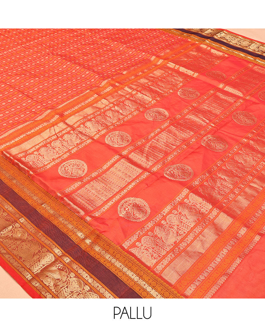 Red Buttas Enclosed Checked Kuppadam Silk Saree, Contrast Peacock-Elephant Border, Grand Pallu, Matching Blouse