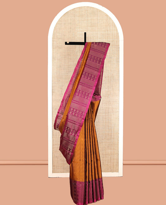 Orange Mayuri Lite Silk Mix Saree, Subtly Sparkled with Zari Buttas, Contrast Floral-Geometric Border, Pallu of Intricate Designs, and a Contrast Blouse