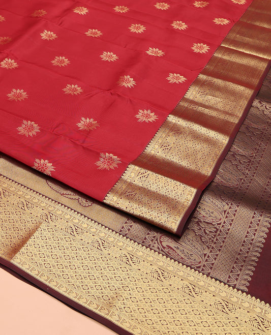 Red Vasundhara Lite Silk Mix Saree, Beautified with Zari Buttas on Its Body, Complemented by a Contrast Border of Manga, Kodi Visiry, and Jaal Designs, Mughal-Style Intricately Designed Pallu, and Paired with a Contrast Blouse
