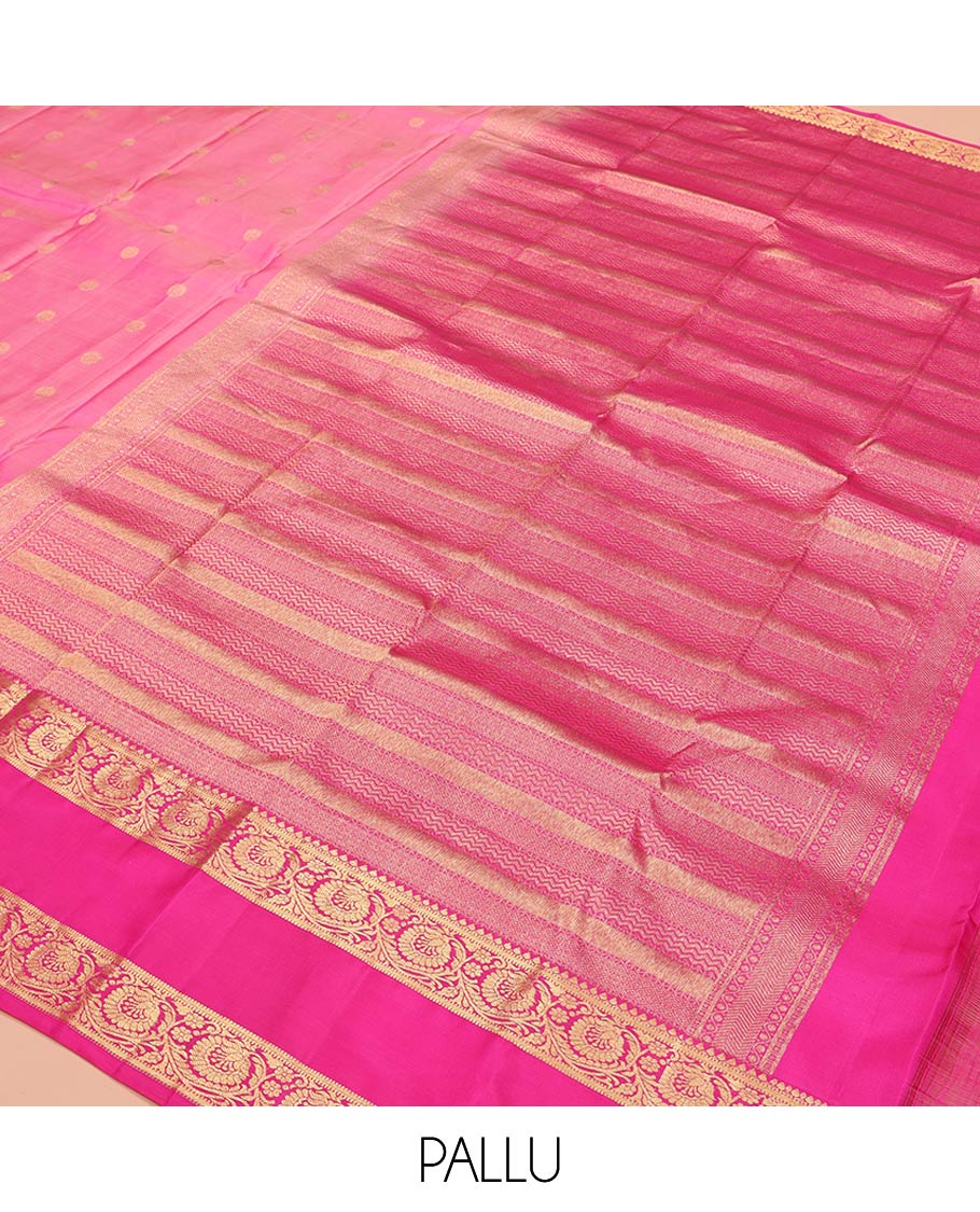 Pink Vasundhara Silk Saree, Subtly Enriched with Zari Buttas All Over Its Body, Complemented by a Contrast Rettai Pettu Border of Kodi Visiry Designs, Grand Geometric Design Pallu, and Paired with a Contrast Blouse