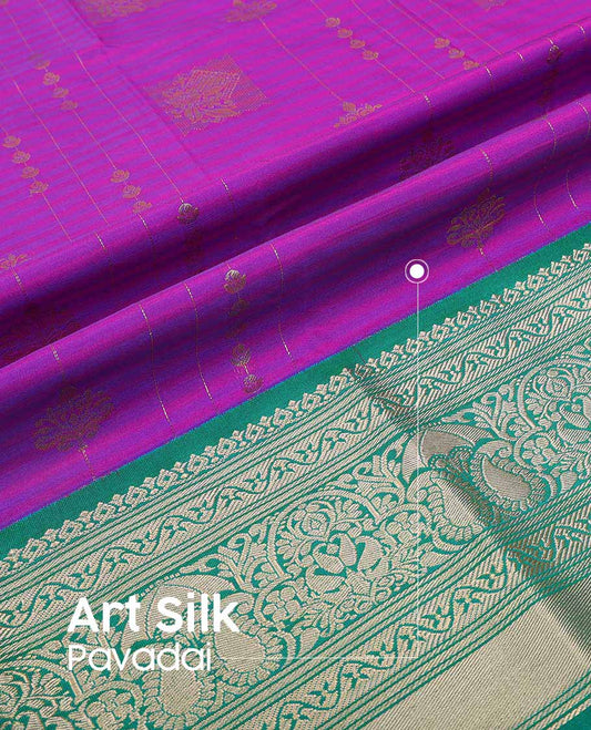 Purple floral design art silk pavadai material with contrast traditional zari design border & floral zari design blouse