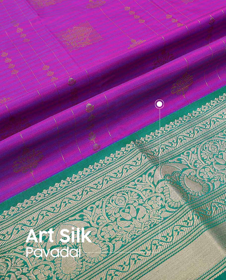 Purple floral design art silk pavadai material with contrast traditional zari design border & floral zari design blouse
