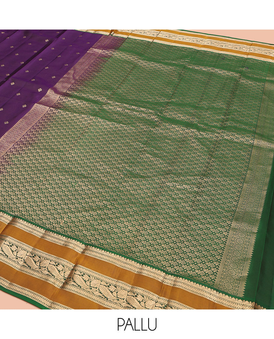 Violet Vasundhara Lite Silk Mix Saree, Beautified with Zari Buttas, Complemented by a Contrast Varisai Pettu Border of Muthu, Neli, and Kodi Visiry Designs, Gracefully Embellished Pallu, and Paired with a Contrast Blouse