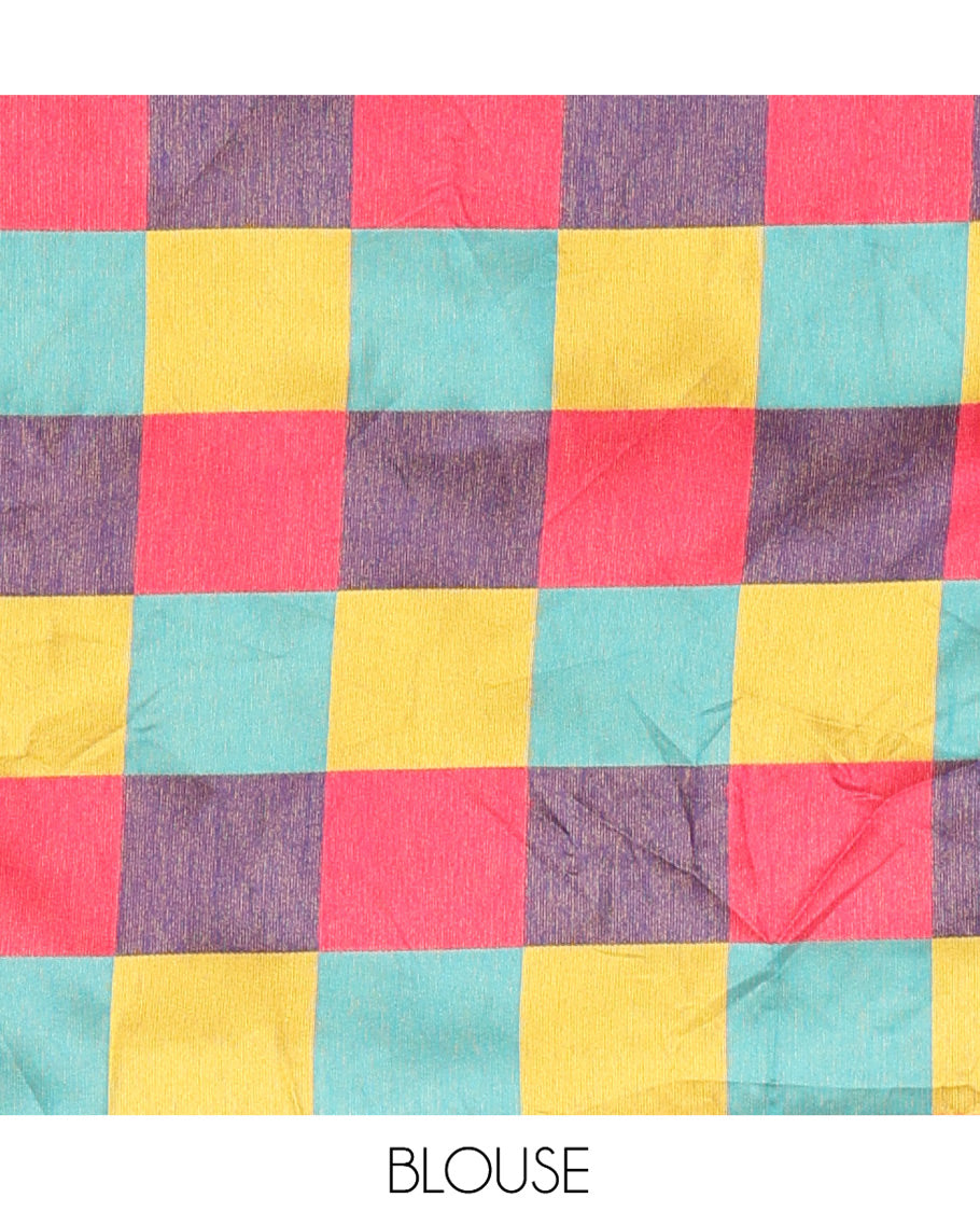 Cream Banarasi Silk Half-Saree Features Buttas Skirt, Contrast Madras Checked Blouse, and a Matching Semi-Silk Dhavani