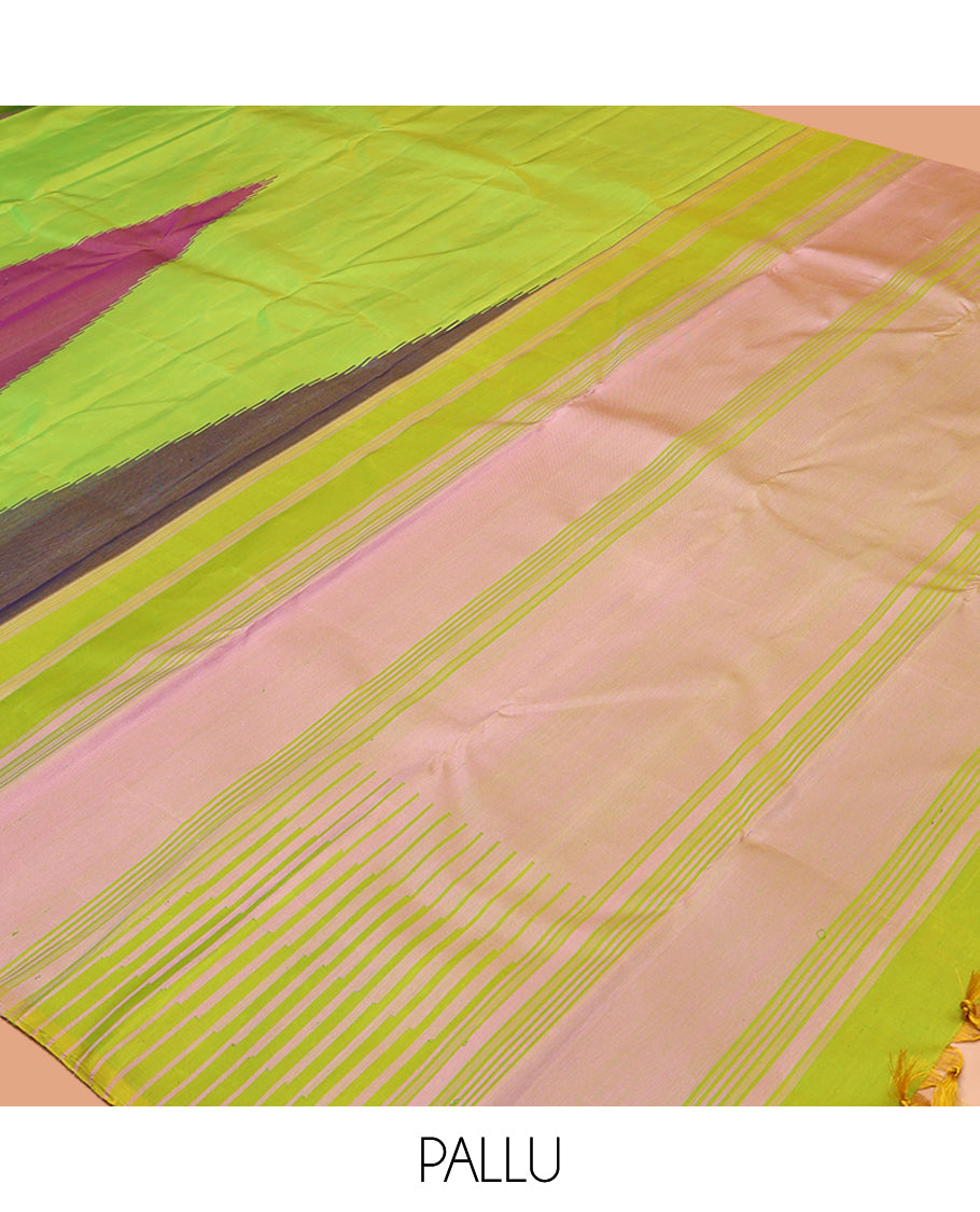 Borderless Green Kanchipuram Silk Saree, Complemented by a Thazampoo Reku Design, Seppu Rekku Pallu, and Matching Blouse