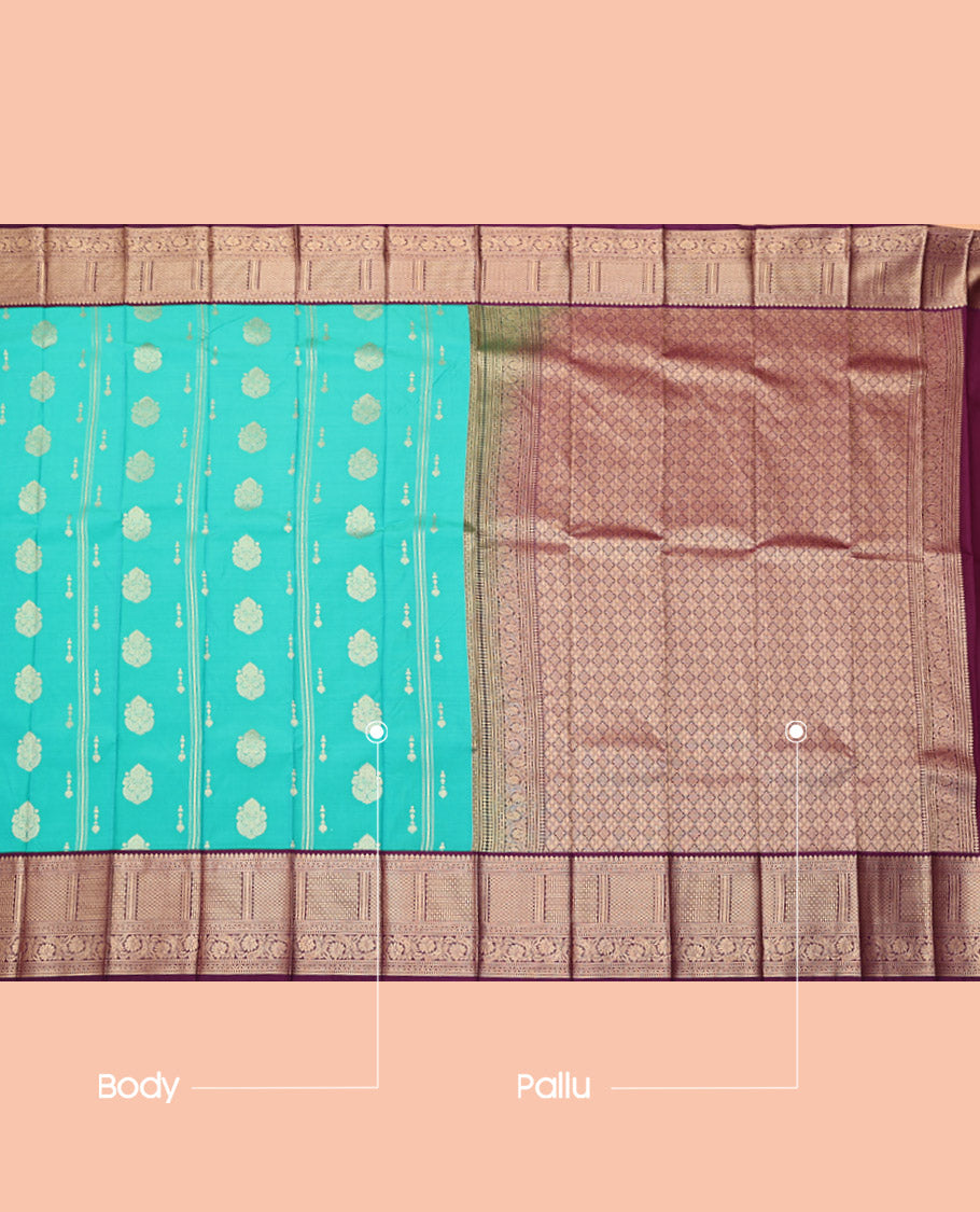 Turquoise Budget Silk Saree, Decked Up with Zari Buttas and Stripes, Complemented by a Contrast Traditional Zari Border, Jaal Pallu, and a Contrast Blouse