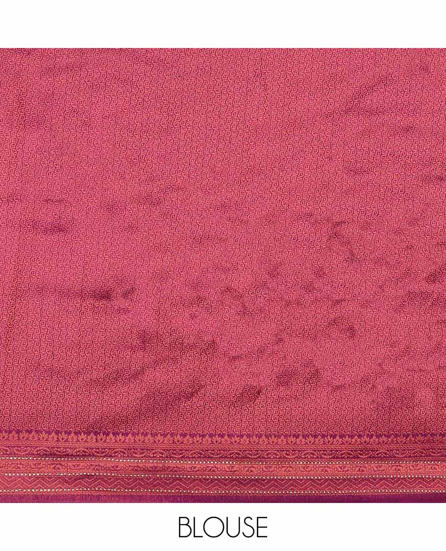 Baby pink banaras half saree with contrast floral buttas border, plain blouse & striped dhavani