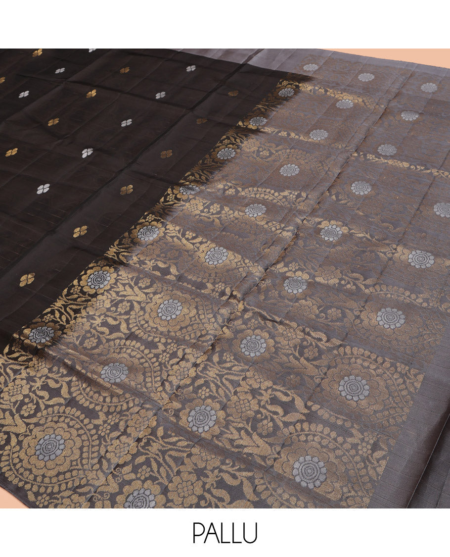 Black Mayuri Lite Silk Mix Saree, Embellished with Buttas, Complemented by Contrast Floral Design Border, Intricate Design Pallu, and Contrast Blouse