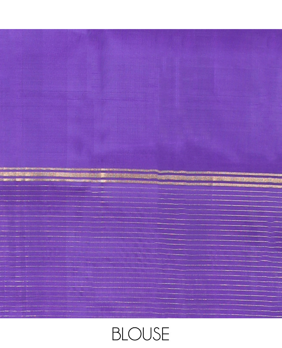 Pink Mayuri Lite Silk Mix Saree, Elevated with Mayil-Chakram Buttas, Complemented By Contrast Striped Border of Mayil-Chakram Design, an Intricate Pallu, and a Contrast Blouse