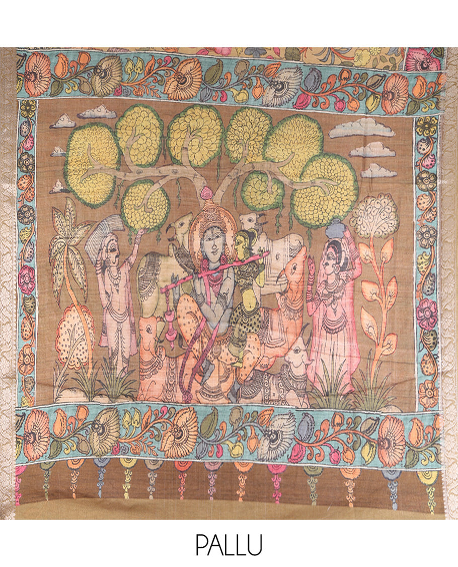 Sandal Kalamkari Printed Fancy Tussar Saree