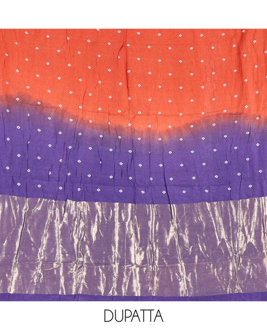 Violet and Rust Semi-Silk Material Churidar Set, Bedecked with Bandhani Dots Print, Comes with a Plain Santoon Bottom, and Paired with a Double-Colored Dupatta of Bandhani Dots Print