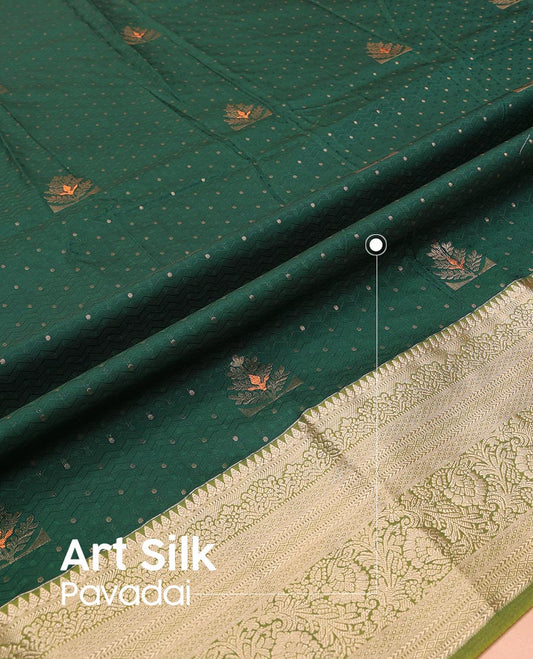 Green Art Silk Pavadai Material Set, Delicately Woven with Zari Buttas on Its Skirt, Complemented by a Contrast Traditional Zari Design Border, and Paired with a Contrast Blouse