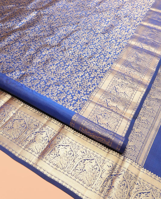 Blue Kanchipuram Wedding Silk Saree, Elegantly Highlighted with Jacquard Design, a Zari Border of Rekku, Muthu, Poun and Mayil Designs, Grand Pallu, and a Matching Blouse