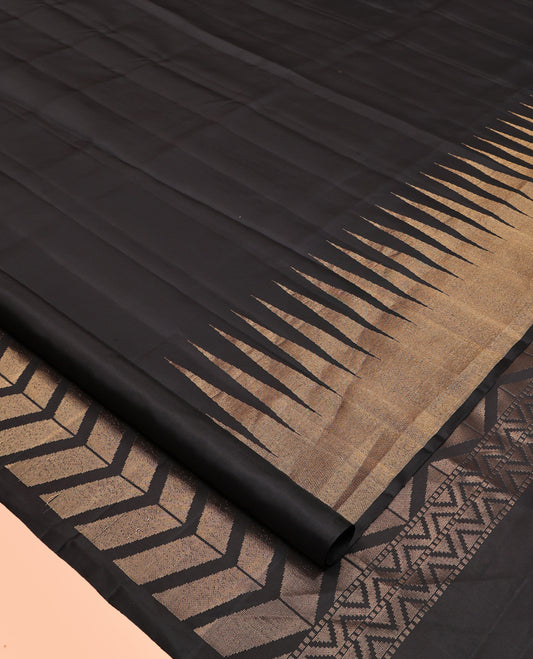 Black Plain Mayuri Soft Silk Saree, Spotlighted with Temple Zari Border, Geometric Patterned Pallu and Paired with a Matching Blouse