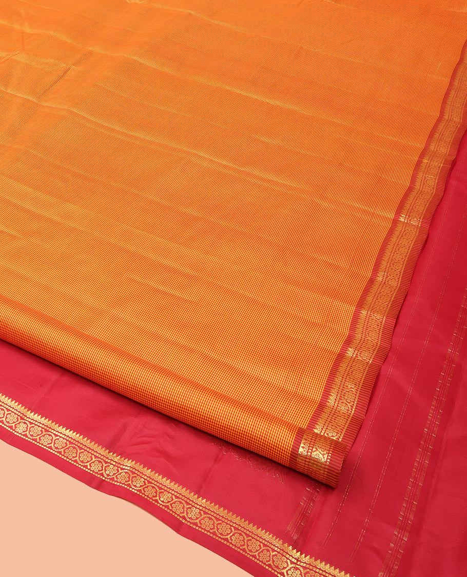 Yellow Kanchipuram Silk Saree Embellished with Kasa Kasa Checks, Adorned with Zari Border Featuring Thilakam Mokku, Muthu, and Kodi Visiry Designs, Sparsely Woven Pallu of Corner Manga Designs, and Paired with a Contrast Blouse