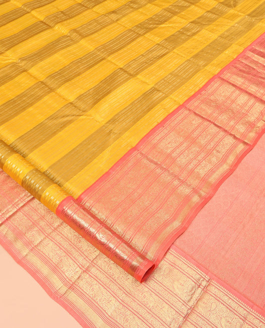 Yellow Striped Vasundhara Silk Saree, Complemented by a Contrast Border of Rekku, Kathir, Kodi Visiry, Mayil, and Yaanai Designs, Grand Pallu, and Contrast Blouse