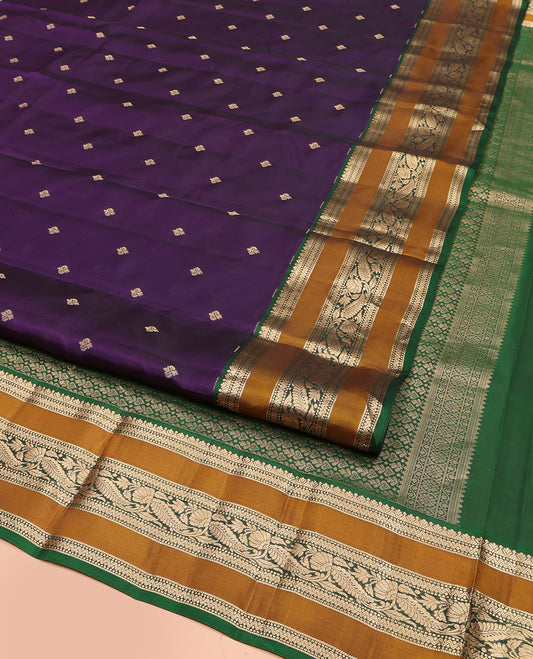 Violet Vasundhara Lite Silk Mix Saree, Beautified with Zari Buttas, Complemented by a Contrast Varisai Pettu Border of Muthu, Neli, and Kodi Visiry Designs, Gracefully Embellished Pallu, and Paired with a Contrast Blouse