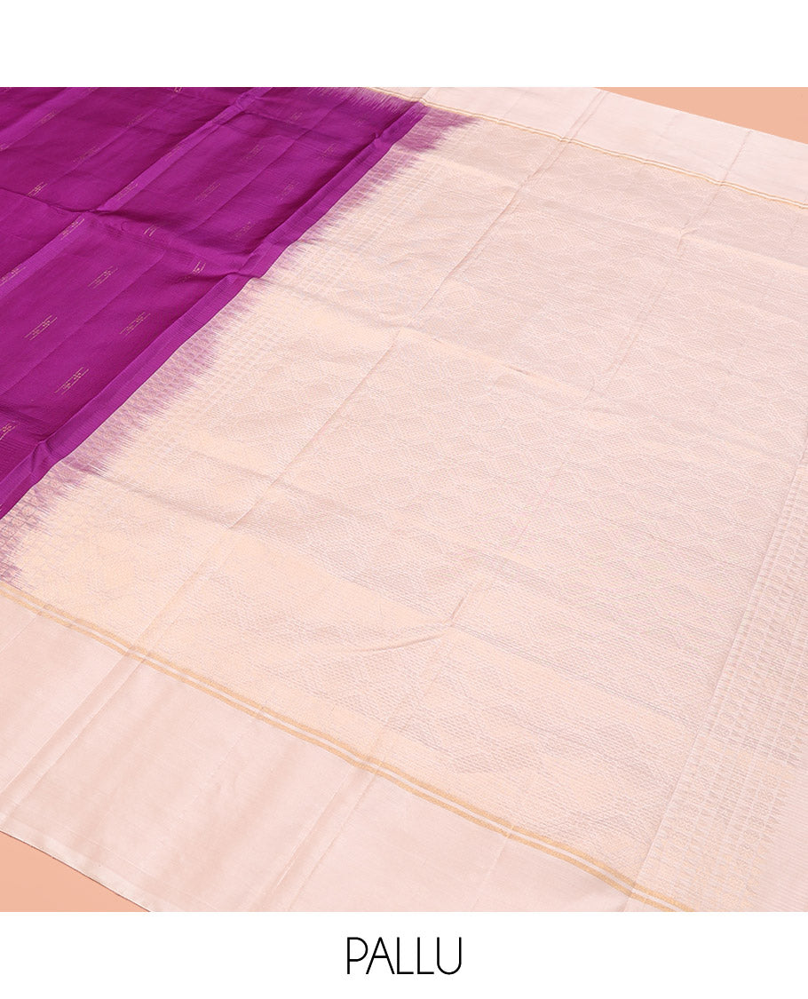 Purple Kanchipuram Silk Saree, Sparsely Woven with Zari Buttas, Contrast Border, Sparsely Woven Pallu, and Contrast Blouse