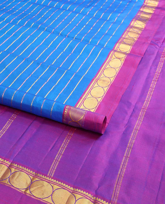 Blue striped kancheepuram silk saree with contrast intricate zari design border & striped pallu