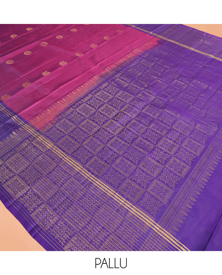 Pink Mayuri Lite Silk Mix Saree, Elevated with Mayil-Chakram Buttas, Complemented By Contrast Striped Border of Mayil-Chakram Design, an Intricate Pallu, and a Contrast Blouse