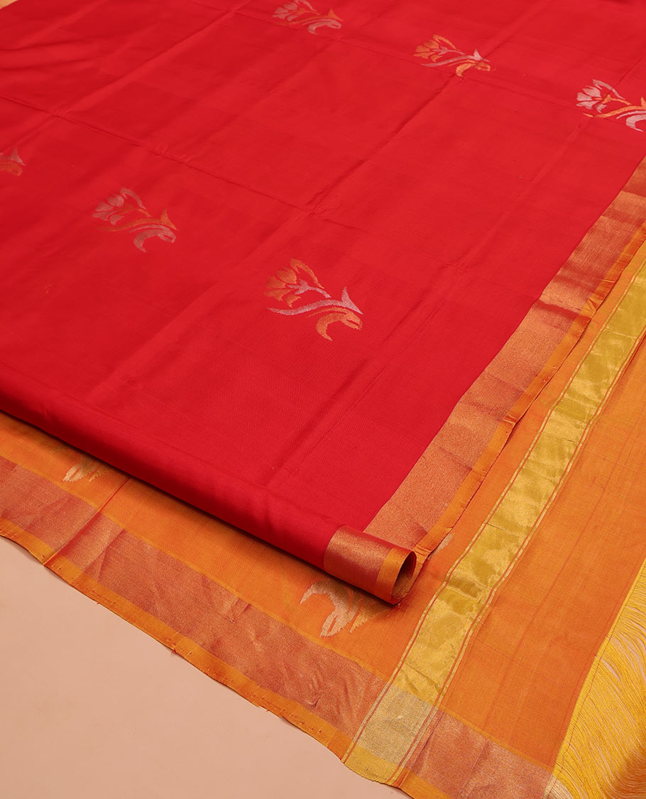 Red Uppada Silk Saree, Elevated with Floral Buttas on Its Body, Complemented by a Contrast Plain Border, Pallu of Floral Designs, and Paired with a Contrast Blouse