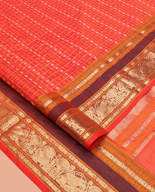 Red Buttas Enclosed Checked Kuppadam Silk Saree, Contrast Peacock-Elephant Border, Grand Pallu, Matching Blouse