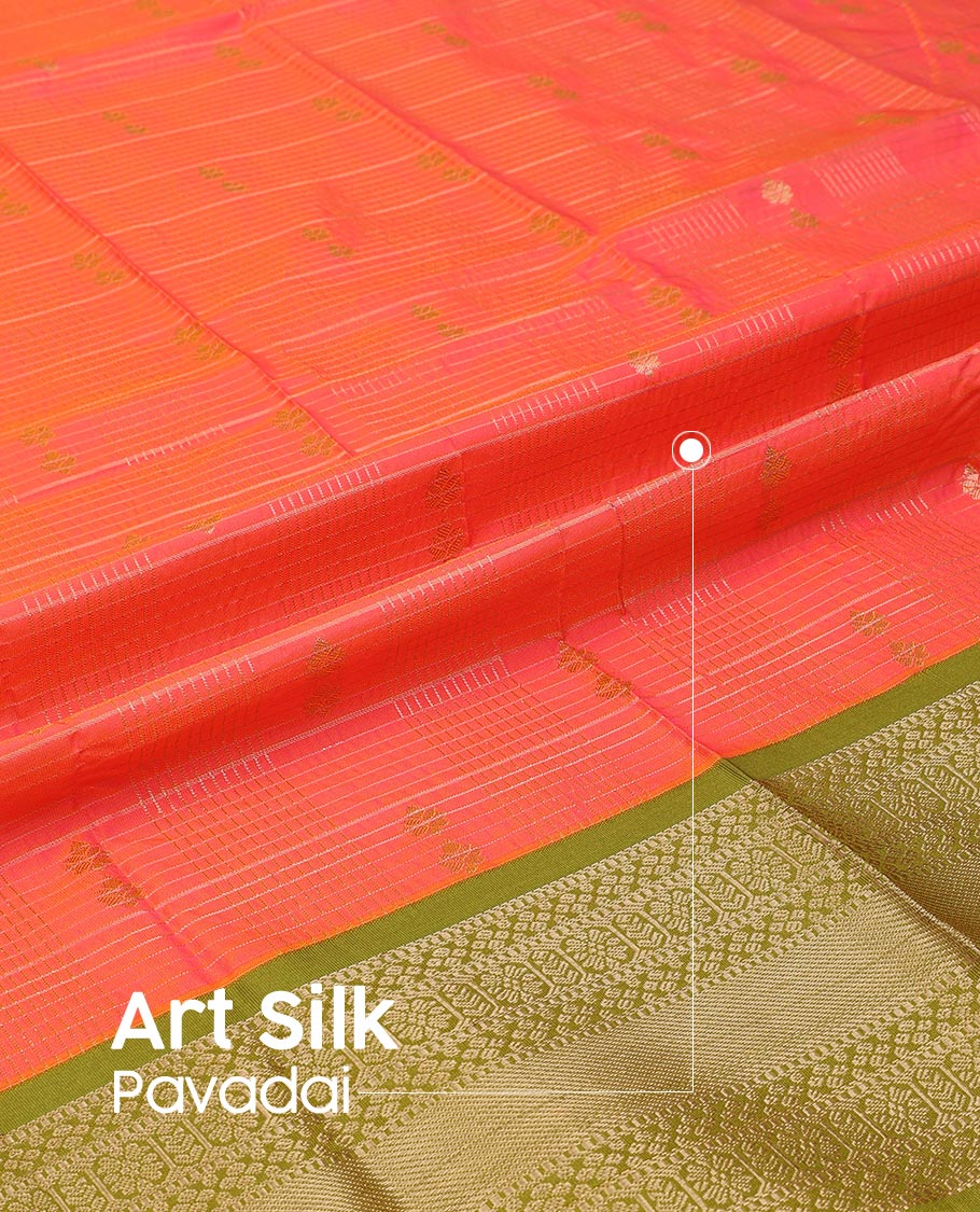 Peach Art Silk Pavadai Material Set Featuring Zari Butta Enclosed Checks Skirt, Complemented by a Contrast Traditional Zari Motifs Woven Border, and Paired with a Contrast Blouse