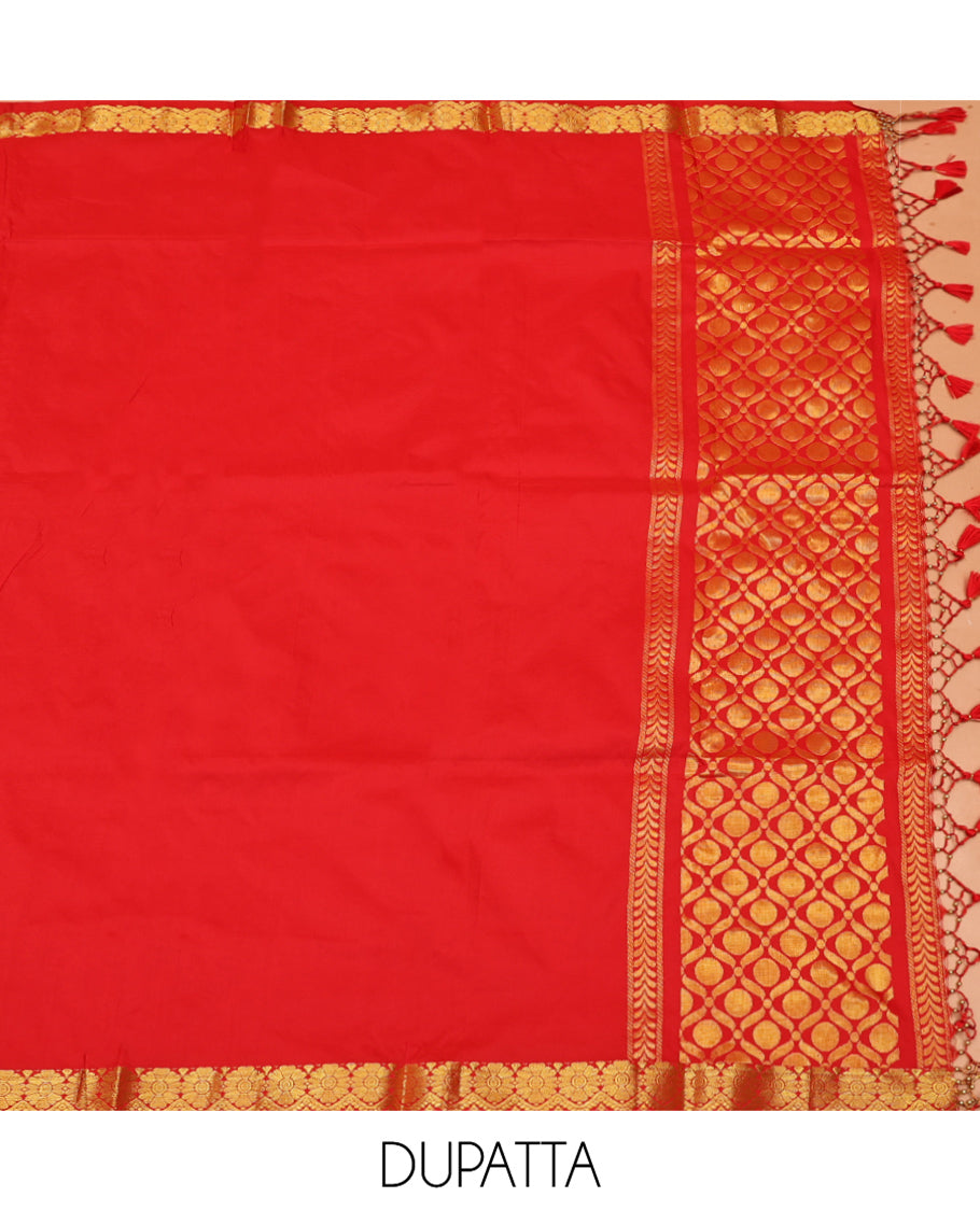 Yellow Art Silk Material Half Saree, Sparsely Sparkled with Jacquard Skirt, a Contrast Traditional Zari Border, Contrast Blouse, and an Intricate Dhavani