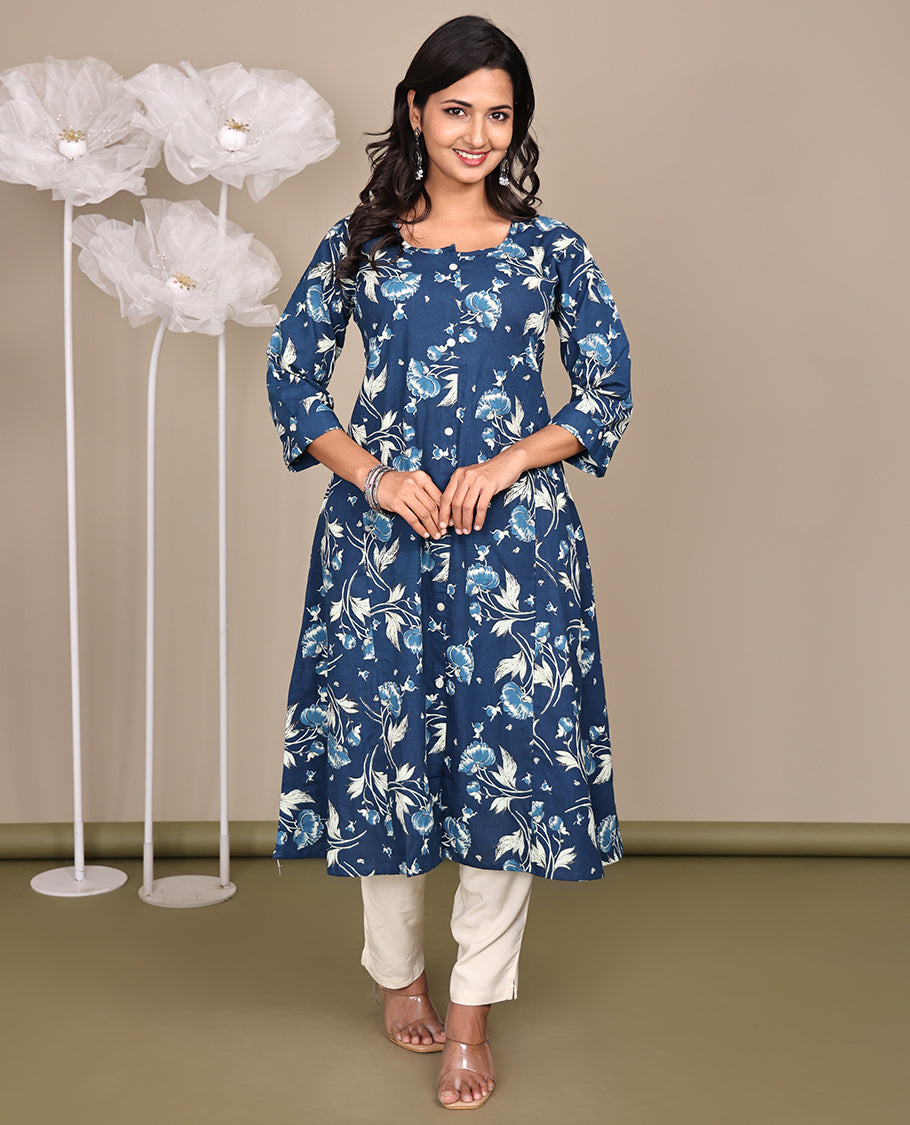 Blue Floral Printed Below-Knee-Length Cotton Kurti, Adorned with Round Neckline, 3/4 Sleeves, and A-Line Length