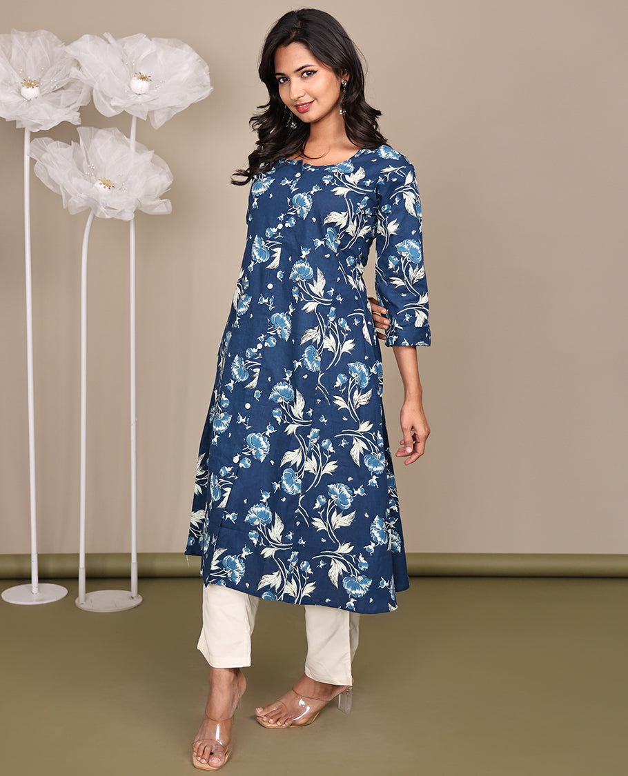 Blue Floral Printed Below-Knee-Length Cotton Kurti, Adorned with Round Neckline, 3/4 Sleeves, and A-Line Length