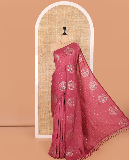 Onion Pink Vichitra Silk Saree Bedecked with Small Paisley Buttas All Over Its Body, Complemented by a Contrast Border of Floral-Paisley Designs, Self Pallu, and Comes Without a Blouse