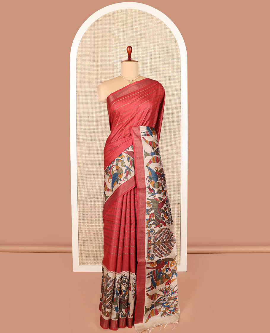 Red striped and Madhubani-style tussar saree, zari striped border, and pallu of stripes and Madhubani print