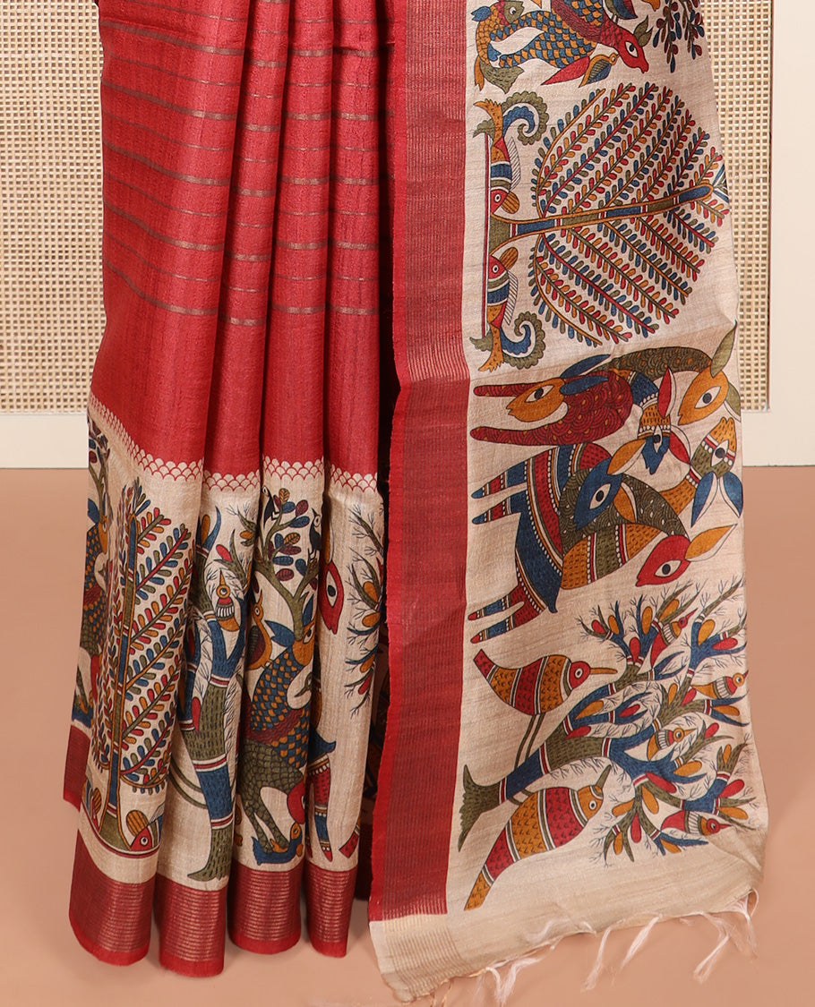 Red striped and Madhubani-style tussar saree, zari striped border, and pallu of stripes and Madhubani print