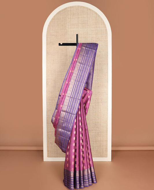 Pink iruthalai pakshi buttas vasundhara silkmix saree, contrast manga enclosed jaal pallu & border of rekku,rudraksham,iruthalai pakshi,muthu,neli & kamalam