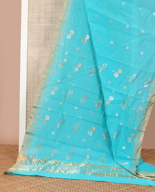 Blue motifs chanderi cotton saree with contrast traditional zari design border & floral design pallu