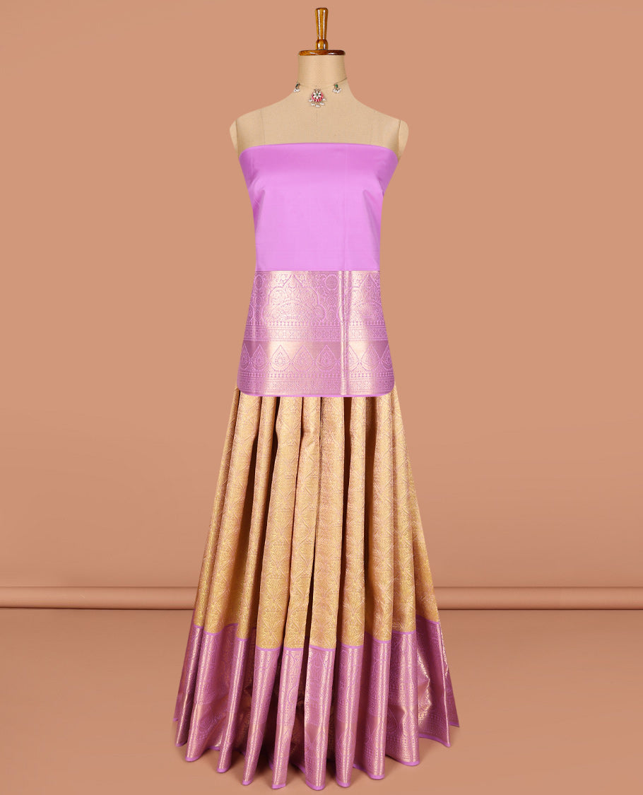 Yellow pure-silk half saree, jacquard with contrast traditional zari bordered skirt, zari design blouse, and zari design dhavani