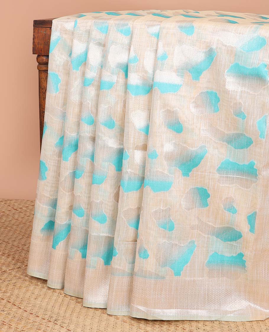 Cream intricate design semi-raw tussar saree with self border & plain pallu
