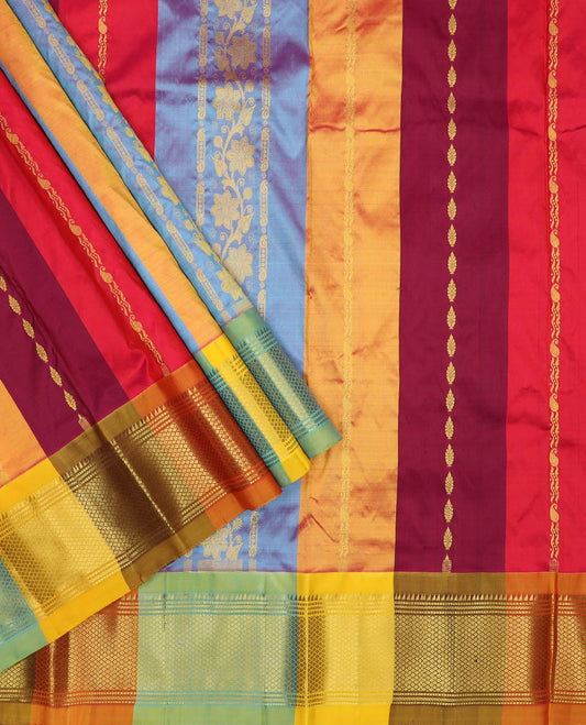 Multi-color pure-silk half-saree, striped and zari design skirt, traditional zari border, zari design blouse, and mat textured dhavani