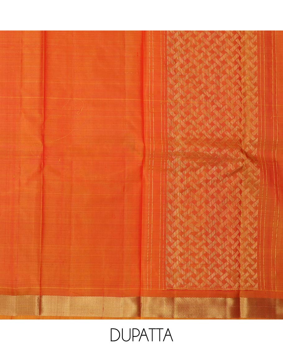 Multi-color pure-silk half-saree, striped and zari design skirt, traditional zari border, zari design blouse, and mat textured dhavani