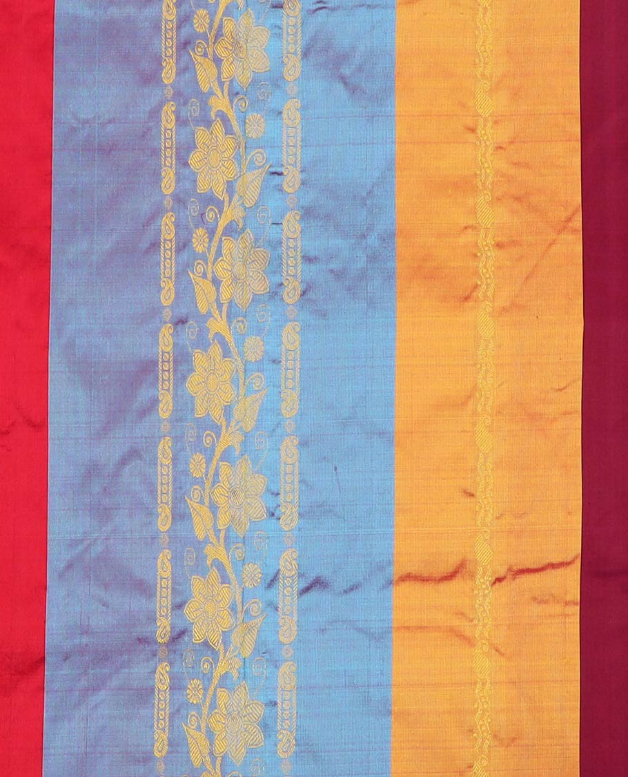 Multi-color pure-silk half-saree, striped and zari design skirt, traditional zari border, zari design blouse, and mat textured dhavani
