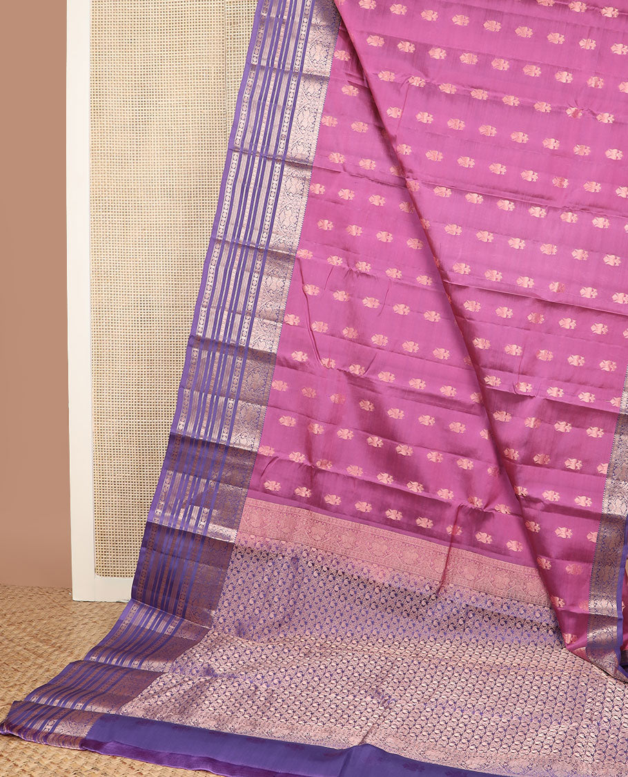 Pink iruthalai pakshi buttas vasundhara silkmix saree, contrast manga enclosed jaal pallu & border of rekku,rudraksham,iruthalai pakshi,muthu,neli & kamalam