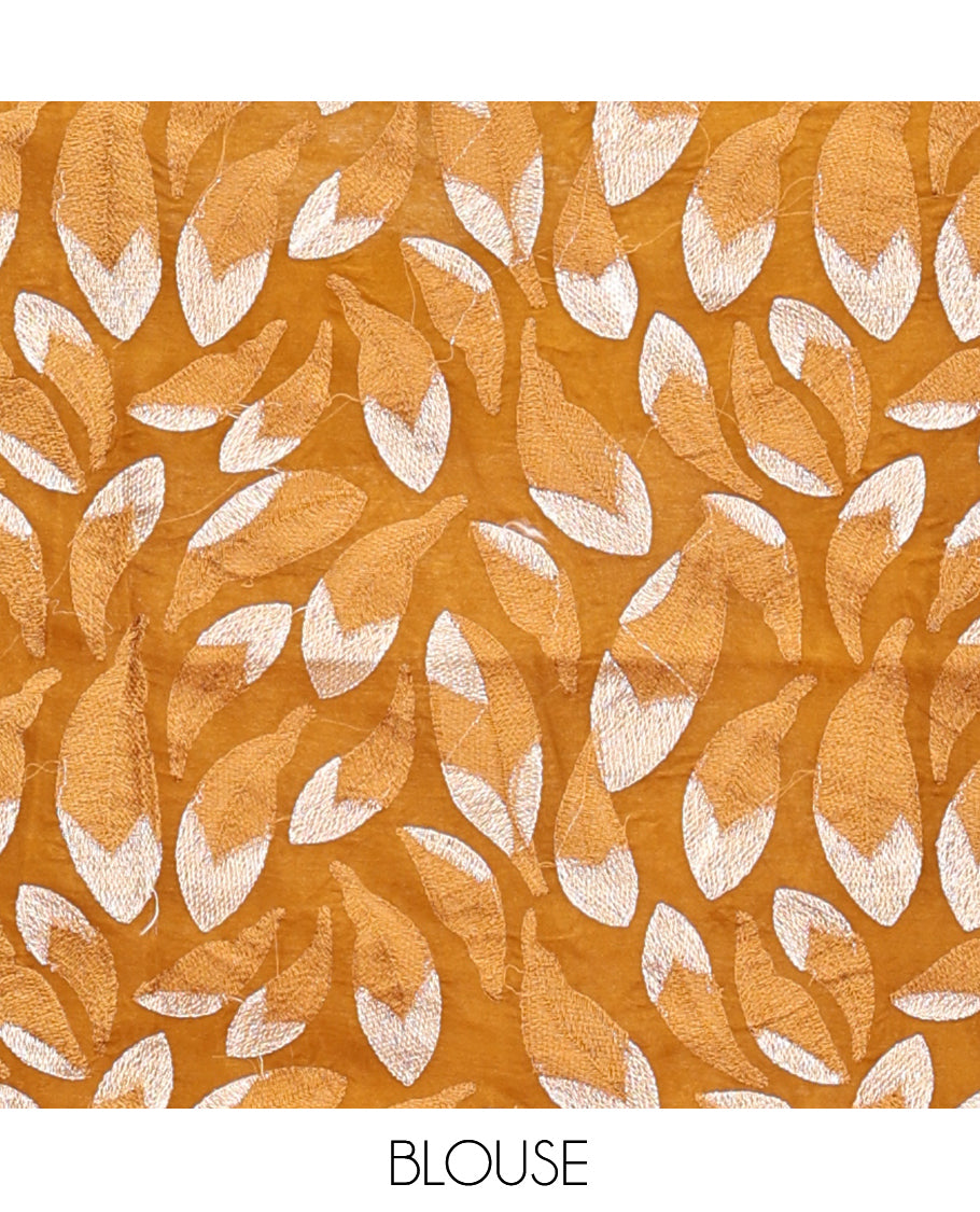 Mustard Plain Organza Saree, a Scalloped Leaf-Motif Thread Embroidery Border, Pallu, and a Matching Embroidered Blouse