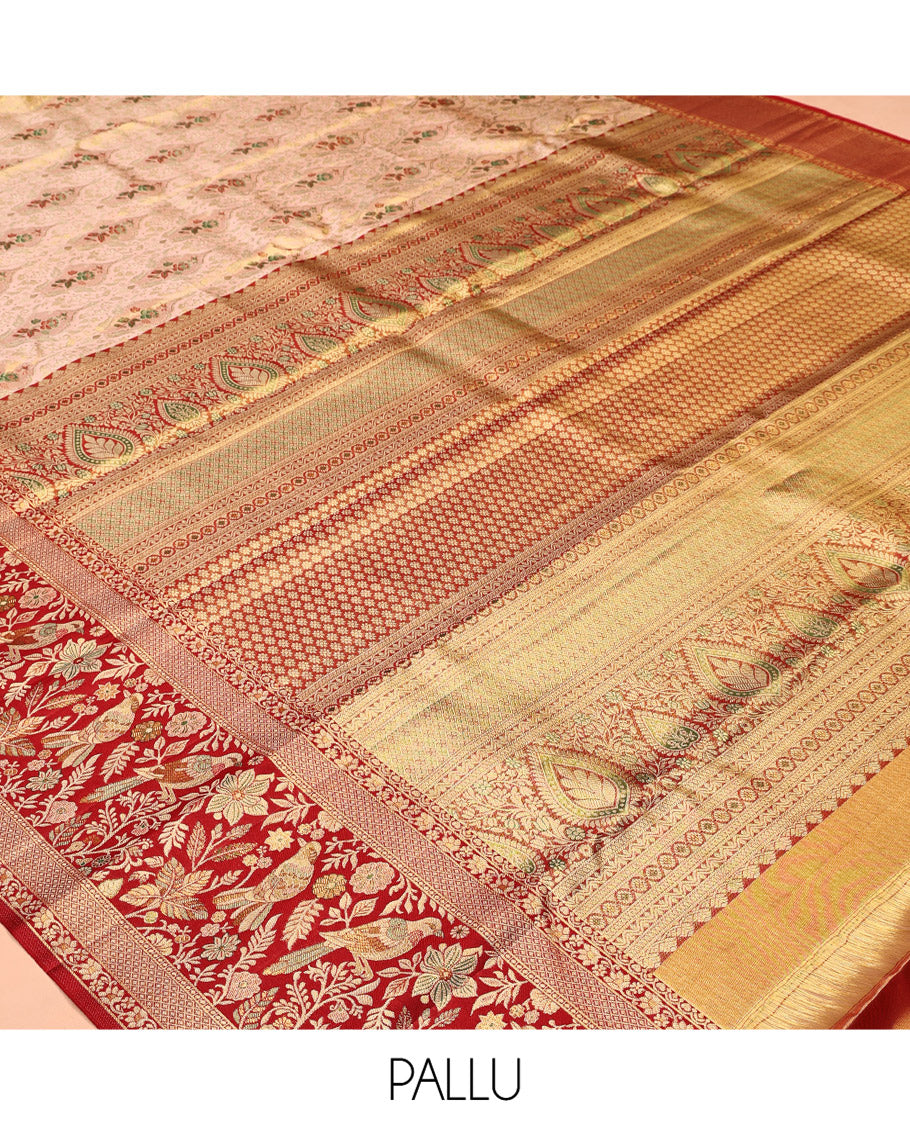 Peach Floral Jacquard Kanchipuram Tissue Silk Saree, Complemented by a Contrast Floral-Bird Meenakari Border, Grand Pallu, and Contrast Blouse