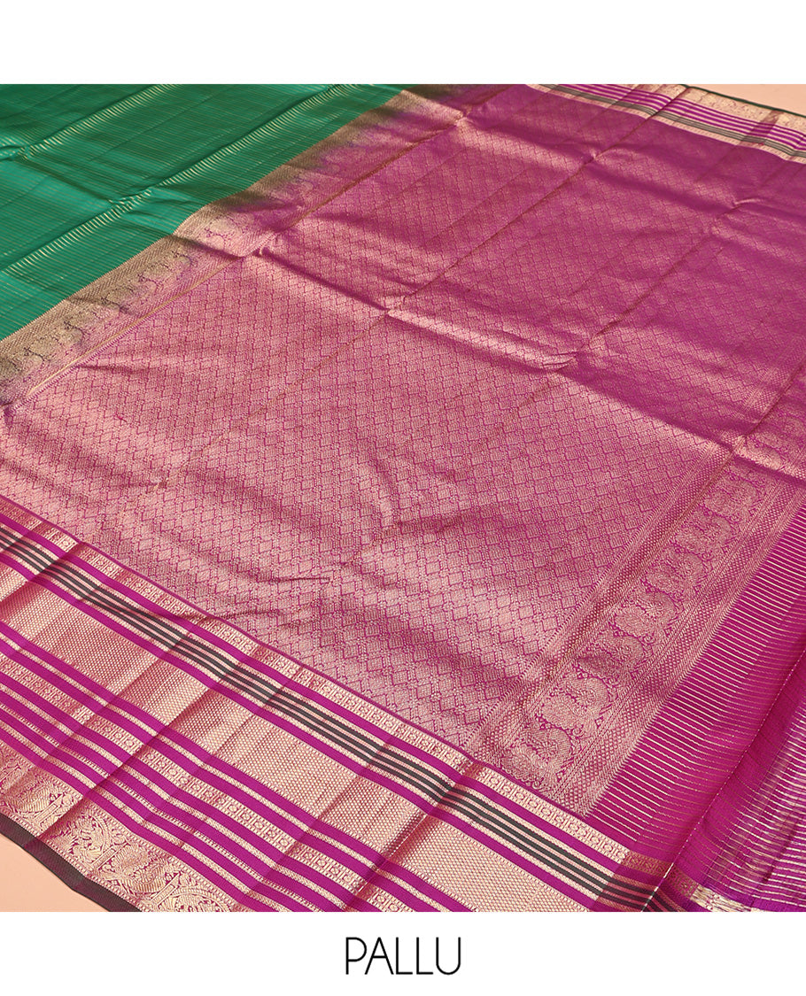 Green-Magenta Vasundhara Silk Saree Features Veldhari and Muthu Stripes, Contrast Border of Muthu,Lavangam,Neli,Mayil Kann, and Mayil, Grand Pallu, and Contrast Blouse