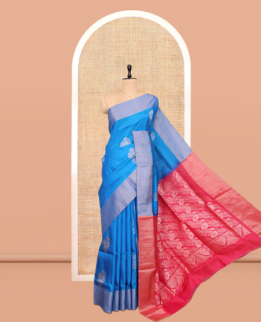 Blue Uppada Saree, Delicately Woven with Floral Buttas, a Bavanji Border, Contrast Intricate Pallu, and a Contrast Blouse