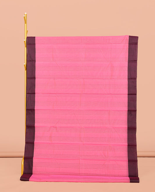 Pink Striped Semi-Silk Cotton Saree, Complemented by a Contrast Border, Pallu Steeped with Stripes, and Paired with a Matching Blouse