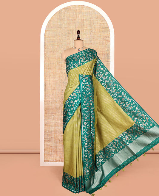Green Matka Silk Saree, Finely Crafted with Buttas on Its Body, Complemented by Contrast Floral Vine and Bird Design Border, Pallu of Floral Vine and Bird Design, and Paired with a Contrast Blouse