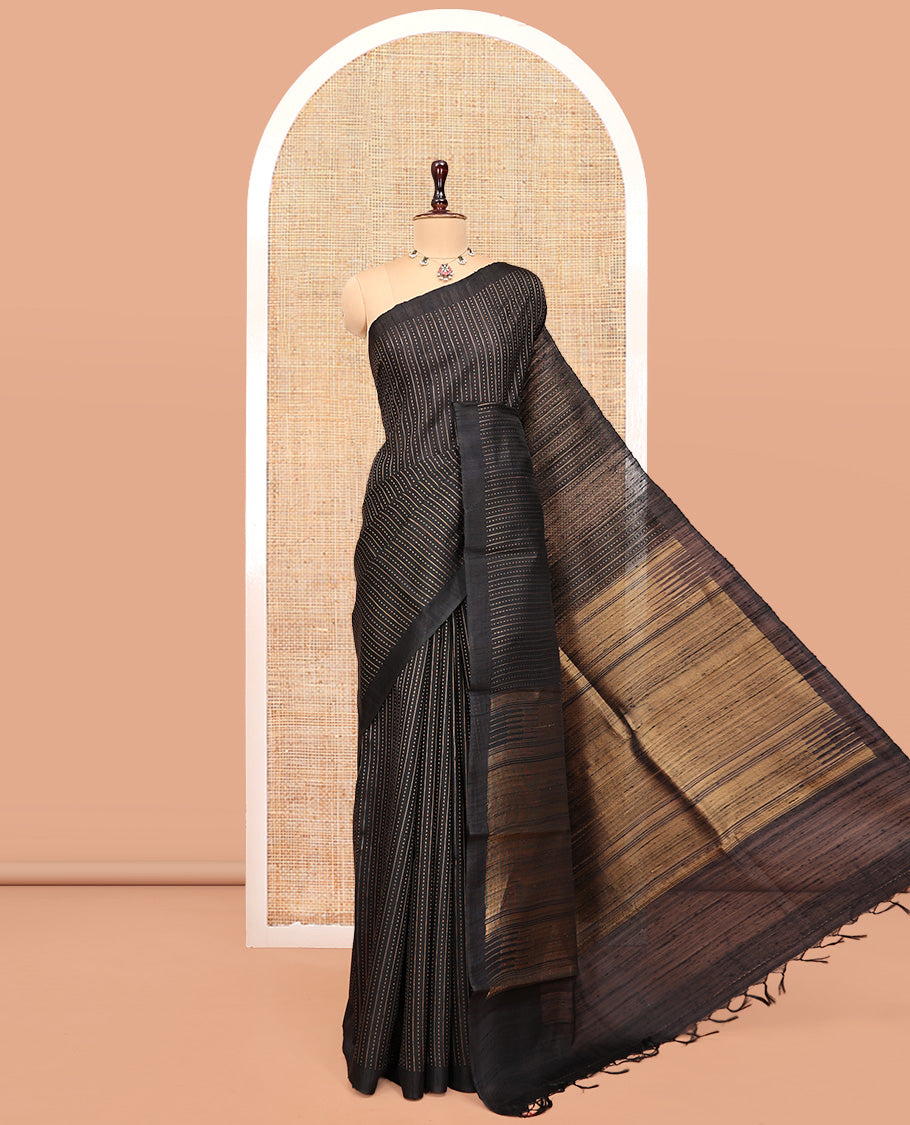 Black Dupion Silk Saree, Steeped in Richness of Stripes and Buttas, a Self-Border, Gleaming Zari Temple Pallu, and a Matching Blouse